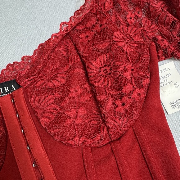 AKIRA Womens Small Red Corset Bustier Date Night Lace Sleeves Regency Going Out - Picture 8 of 16